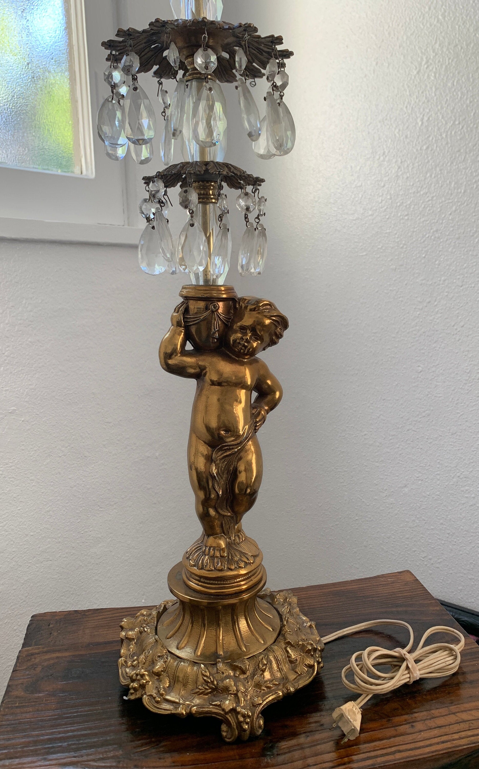 Vintage Bronze/Brass Cherub Crystal Prisms Table Lamp Etsy