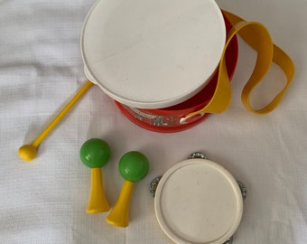 vintage play storage display music musical 921 decor decoration 1979 instrument red white Fisher Price toy drum with strap toy