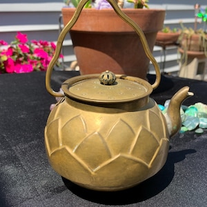 Vintage Small Brass Lotus Design Teapot Little Tea Kettle Planter Kitchen Decor