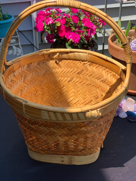 ヴィンテージ 竹編み 籐 バスケット ハンドル付き 装飾 ファーマーズ