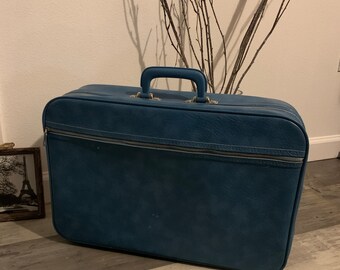 Vintage Small SEARS Blue Suitcase - MCM Luggage - Overnight Case -