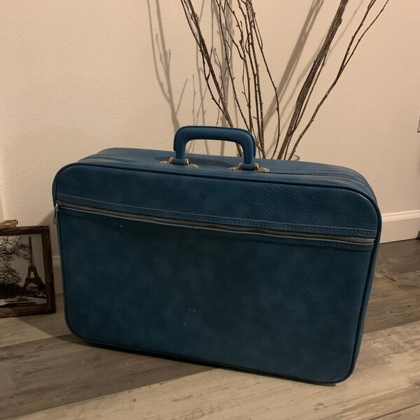 Vintage Small SEARS Blue Suitcase - MCM Luggage - Overnight Case -