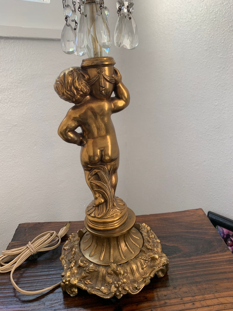 Vintage Bronze/Brass Cherub Crystal Prisms Table Lamp Etsy