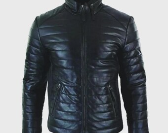 Men's genuine lambskin leather Puffer Quilted Durable Biker Black Leather