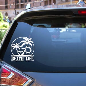 Beach Life Car Decal, Tropical Palm Tree Sun Vinyl Sticker, Summer Beach Vibes Window Decal, Laptop Sticker, Summer Car Window Decal