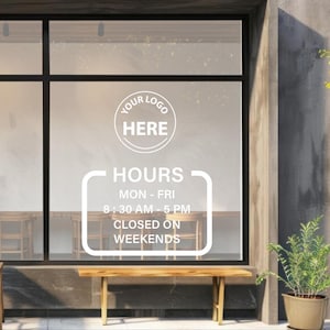 Calcomanía de ventana con horario comercial personalizado, vinilo personalizado para escaparate de puerta de vidrio, letrero comercial con logotipo, calcomanía de horario de tienda