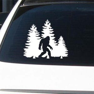 Bigfoot Car Decal, Sasquatch Mountain Vinyl Sticker, Bigfoot Walking Forest Window Decal, Bigfoot Walking Sticker, Bigfoot In Trees Decal