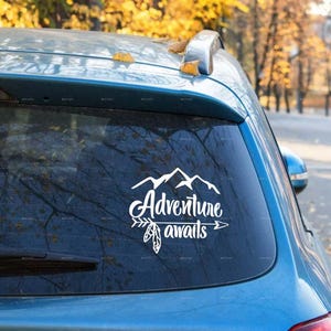 Adventure Awaits Car Decal, Mountain Vinyl Sticker, Adventure Sticker for Car, Window Decal, Road Trip Sticker, Off Road Adventure Sticker