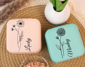 Portagioie da viaggio personalizzato con fiori di nascita / Regalo personalizzato per damigella d'onore con nome / Portagioie portatile / Regalo di compleanno per lei