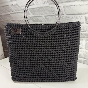 Crochet Black Sparkle Tote Bag: Handmade Polyester Handbag