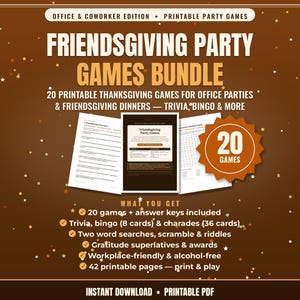 Friendsgiving Party Games Bundle | 20 Printable Thanksgiving Games for Office & Coworkers, Trivia, Bingo, Answer Keys, Instant Download