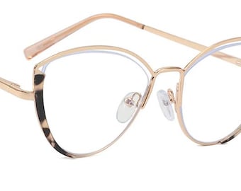 Hollow Cat-Eye Blue Light Glasses: Metal Openwork Frame, Leopard Print