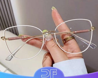 Cat-Eye Metal Glasses Frames, Oversized White Fashion Eyewear, Women's blue light glasses,  women's reading glasses