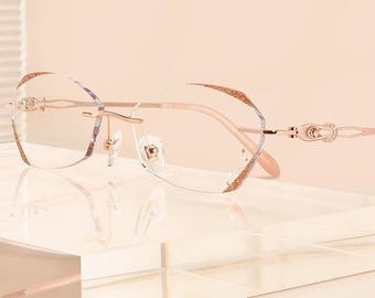 Rimless Rose Gold Reading Glasses: Diamond-Cut Anti-Blue Light