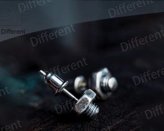 Handmade Sterling Silver Hexagon Screw Stud Earrings: Industrial Punk