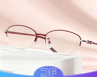 Occhiali da donna con mezza montatura: occhiali da lettura, montatura retrò rossa, elegante montatura viola