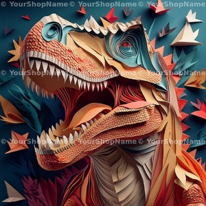 Layered Paper Dinosaur Wall Art - Boys Room Printable Decor - Dinosaur Nursery Art - Instant Download Digital Print - Kids Dino Room Poster