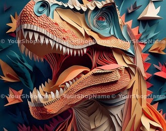 Layered Paper Dinosaur Wall Art - Boys Room Printable Decor - Dinosaur Nursery Art - Instant Download Digital Print - Kids Dino Room Poster