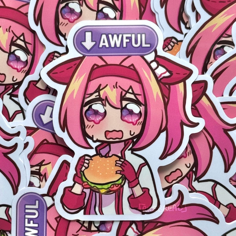 May include: A sticker featuring a pink anime-style character with a distressed expression, holding a burger. The character has pink hair and is wearing a pink and white outfit. The word "AWFUL" is above the character.