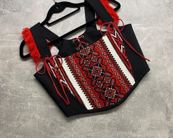 Hand Embroidered Corset Top 100% Linen, Ukrainian Vyshyvanka Bodice with Fringe, Black and Red Ethnic Boho Clothing, Folk Style Bustier Gift