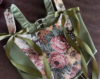 Renaissance Corset Top: Floral Tapestry with Ribbon Ties - Handmade