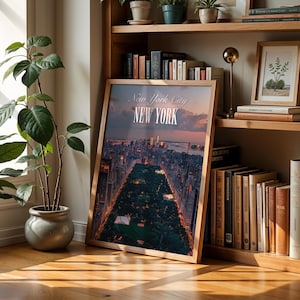 Puede incluir: Un cuadro enmarcado de Nueva York, con una vista aérea de Central Park y el horizonte de la ciudad al anochecer. El cuadro está en un marco de madera y se apoya en una estantería llena de libros. El texto "New York City NEW YORK" está en la parte superior.