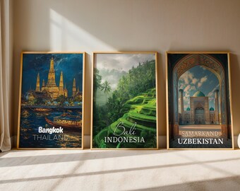 Exotic Asia Cityscape Prints: Bali, Bangkok, Samarkand (Digital Downloadable Gallery Set)