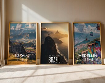 South America Cityscape Art Prints: Rio, Cusco, Medellín (Digital Downloadable Gallery Set)