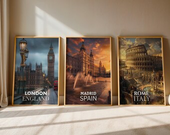 Europe Cityscape Prints: London, Rome, Madrid Gallery Wall Set (Digital Downloadable, Printable)