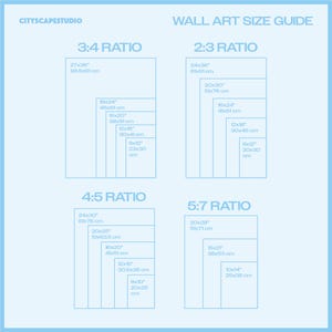 May include: Wall art size guide with dimensions in inches and centimeters. The guide displays size ratios of 3:4, 2:3, 4:5, and 5:7, with corresponding measurements for each ratio. The text "CITYSCAPESTUDIO" is at the top left.