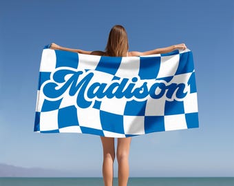 Retro Checkered Personalized Beach Towel-Groovy Checkered Custom Name Towel-Retro Pool Towel- Birthday Vacation Gift-Bridesmaid Beach Towel
