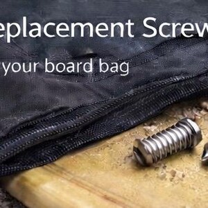 May include: Image shows side fin replacement screws and an L-shaped wrench. The screws are silver and cylindrical with a slotted head. The text reads "Side Fin Replacement Screws" and "Ideal spares for your board bag".