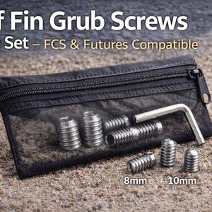 May include: A black zippered pouch containing surf fin grub screws, an Allen wrench, and the text "Surf Fin Grub Screws Spare Set - FCS & Futures Compatible." The screws are labeled 8mm and 10mm.