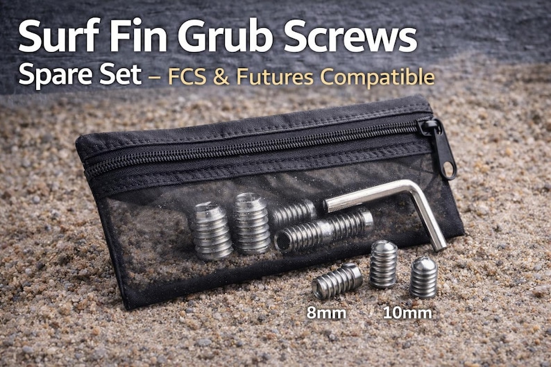 May include: A black zippered pouch containing surf fin grub screws, an Allen wrench, and the text "Surf Fin Grub Screws Spare Set - FCS & Futures Compatible." The screws are labeled 8mm and 10mm.
