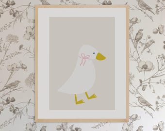 Duck Nursery Wall Art, Cute Duck Print, Duck with Bow Poster, Farm Animal Nursery Art, Cottagecore Kids Room, Printable Duck Illustration