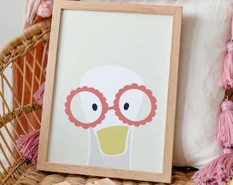Ente Mit Brille Druck, Moderne Wandkunst für Kinder, Lustige Illustration Kunst, Kinderzimmer Dekor, Retro Kinder Kunst, Handgezeichneter Spielzimmer Druck