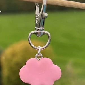 Puede incluir: Un dije en forma de nube rosa cuelga de un cierre de color plateado. El cierre está unido a un anillo plateado. El fondo es verde borroso, lo que sugiere un entorno al aire libre. El dije es de color rosa pastel sólido.