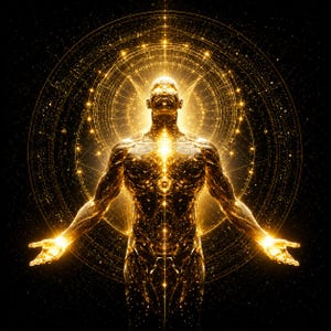 Può includere: Una figura umana dorata e luminosa si erge con le braccia tese su uno sfondo scuro. La figura è composta da intricati motivi di luce e cerchi geometrici che si irradiano verso l'esterno come un alone celeste di energia.