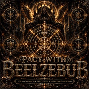 Könnte beinhalten: Eine dunkle, verzierte Grafik mit einem zentralen leuchtenden geometrischen Siegel und einer sitzenden Figur. Der Text lautet PACT WITH BEELZEBUB, LORD OF DOMINION, PROTECTION & UNSHAKABLE AUTHORITY, mit kreisförmigen Emblemen, beschriftet mit DOMINION OVER ALL, UNSHAKABLE AUTHORITY, ABSOLUTE PROTECTION und INFERNAL SOVEREIGNTY.