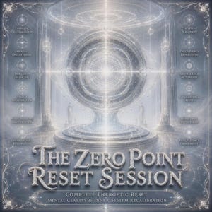 Op de afbeelding: Een digitale afbeelding getiteld The Zero Point Reset Session met een centraal oplichtend portaal omringd door zuilen. De tekst bevat Energetic Neutralization, Mental Decluttering, Frequency Silencing, System Recalibration en Inner Balance Restoration.