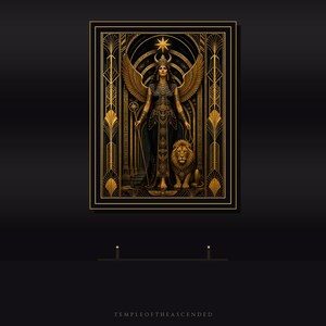 May include: A rectangular wall art print featuring a winged figure with a horned headdress, holding a staff and standing beside a lion. The artwork uses a black and gold color palette with geometric art deco borders and a star at the top center.