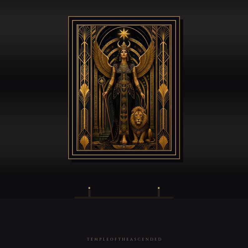 May include: A rectangular wall art print featuring a winged figure with a horned headdress, holding a staff and standing beside a lion. The artwork uses a black and gold color palette with geometric art deco borders and a star at the top center.
