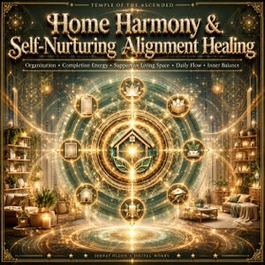 Könnte beinhalten: Ein digitales Kunstwerk mit dem Titel Temple of the Ascended und dem Text Home Harmony & Self-Nurturing Alignment Healing. Ein zentrales Haussymbol ist von einem leuchtenden kreisförmigen Mandala mit acht kleinen Symbolen und goldenen Lichtstrahlen umgeben.