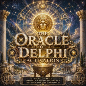 Może przedstawiać: Cyfrowa ilustracja z tekstem THE ORACLE OF DELPHI ACTIVATION. Złote popiersie znajduje się nad ozdobną misą z lwimi głowami. Scena zawiera klasyczne kolumny, wieńce laurowe oraz różnorodne motywy niebiańskie i gwiezdne.