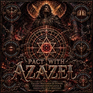 Könnte beinhalten: Ein dunkler, komplexer Grafikdruck mit dem Titel PACT WITH AZAZEL, der eine zentrale Figur mit Flügeln zeigt, umgeben von leuchtenden geometrischen Symbolen, Ketten und Texten wie FALLEN WISDOM, FORBIDDEN KNOWLEDGE und WATCHER OF SECRETS in Rot und Gold.