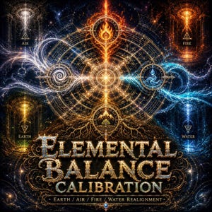 以下が含まれることがあります： ELEMENTAL BALANCE CALIBRATIONというタイトルのデジタルイラスト。中央に黄金の幾何学的なマンダラが描かれ、その周囲に空気、火、土、水の4つの元素のシンボルが配置されており、複雑な宇宙のパターンと光の効果が表現されています。