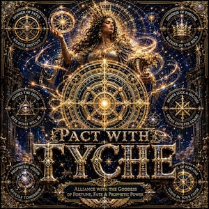 May include: A digital art print titled PACT WITH TYCHE featuring a central goddess figure surrounded by golden celestial motifs, compasses, and text including SPINNER OF FATES, WEAVES DESTINY, GODDESS OF FORTUNE, and BLESSER OF THE BOLD.