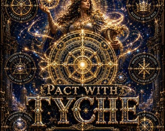 Puede incluir: Una impresión de arte digital titulada PACT WITH TYCHE que presenta una figura de diosa central rodeada de motivos celestiales dorados, brújulas y texto que incluye SPINNER OF FATES, WEAVES DESTINY, GODDESS OF FORTUNE y BLESSER OF THE BOLD.