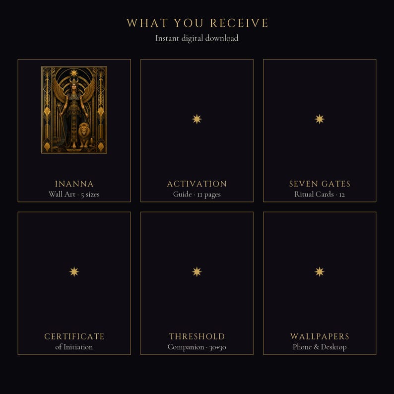 May include: A digital download set featuring six panels on a black background. The first panel shows an illustration of a winged figure with a lion. Text includes: WHAT YOU RECEIVE, INANNA Wall Art, ACTIVATION Guide, SEVEN GATES Ritual Cards, CERTIFICATE of Initiation, THRESHOLD Companion, and WALLPAPERS.