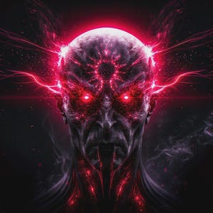 May include: A dark, textured humanoid figure with glowing red eyes and sharp fangs. Bright red energy emanates from the head and shoulders, creating a radiant halo effect against a black background. The skin appears weathered and deeply lined.